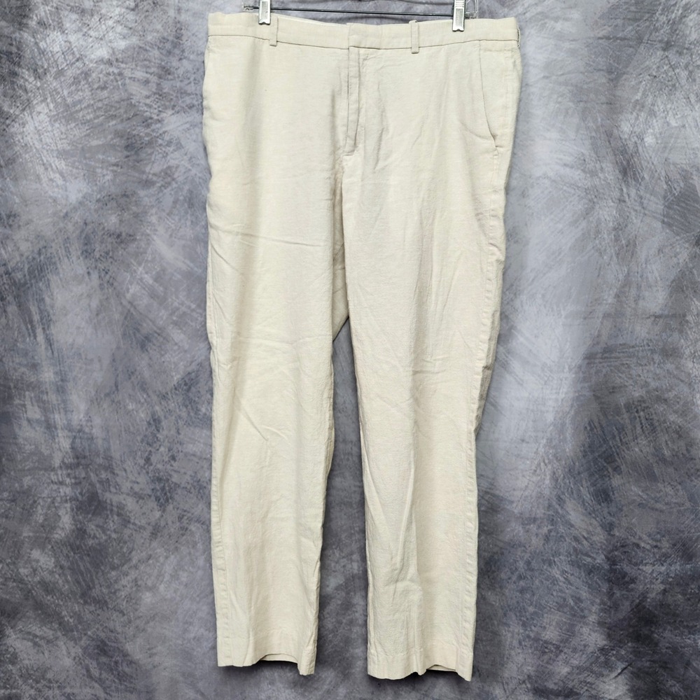 Perry Ellis Linen Blend Pants Mens 36x30 Beige Flat Front Chino Trousers
